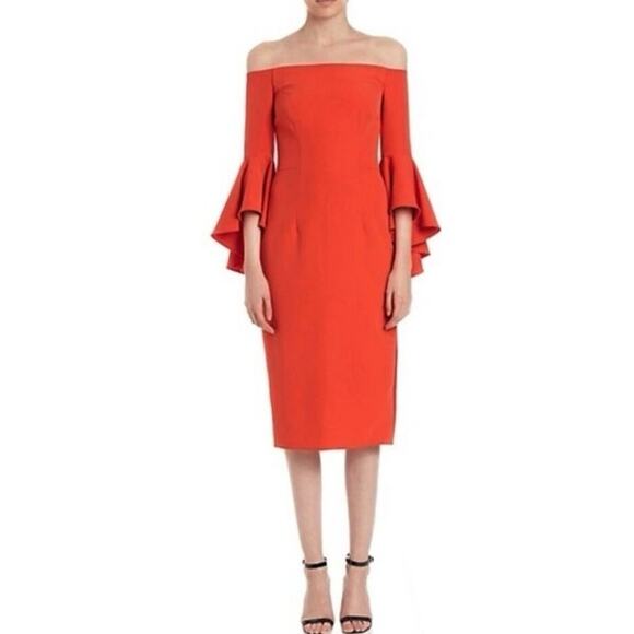 Milly Off-Shoulder Red-Orange Midi Dress - Picture 1 of 16